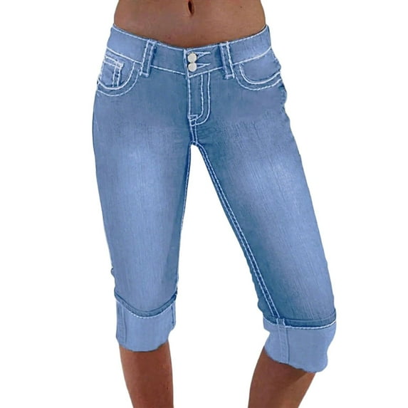 HKYNLAG Capri Jeans for Women Stretch Low Rise Denim Capris Light Wash Ripped Skinny Cropped Jeans Streetwear Light Blue L