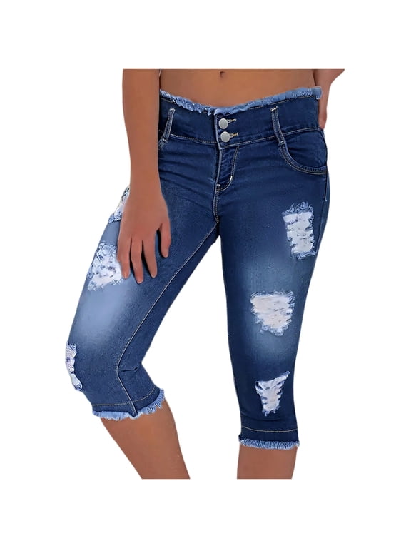 Capri Jeans for Women Stretch Low Rise Ripped Distressed Denim Capris Raw Hem Skinny Cropped Jeans Pants Dark Blue M