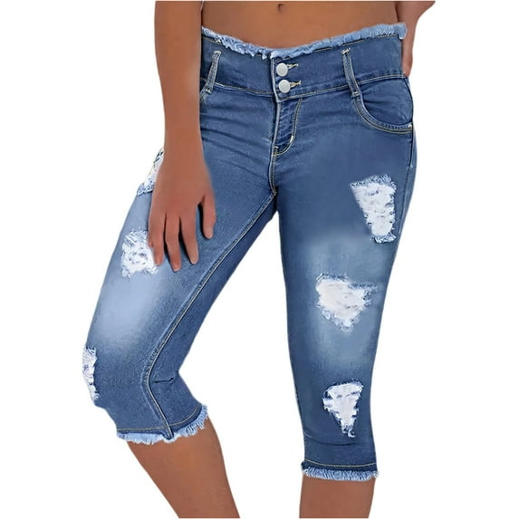 HKYNLAG Capri Jeans for Women Stretch Low Rise Ripped Distressed Denim Capris Raw Hem Skinny Cropped Jeans Pants Light Blue M