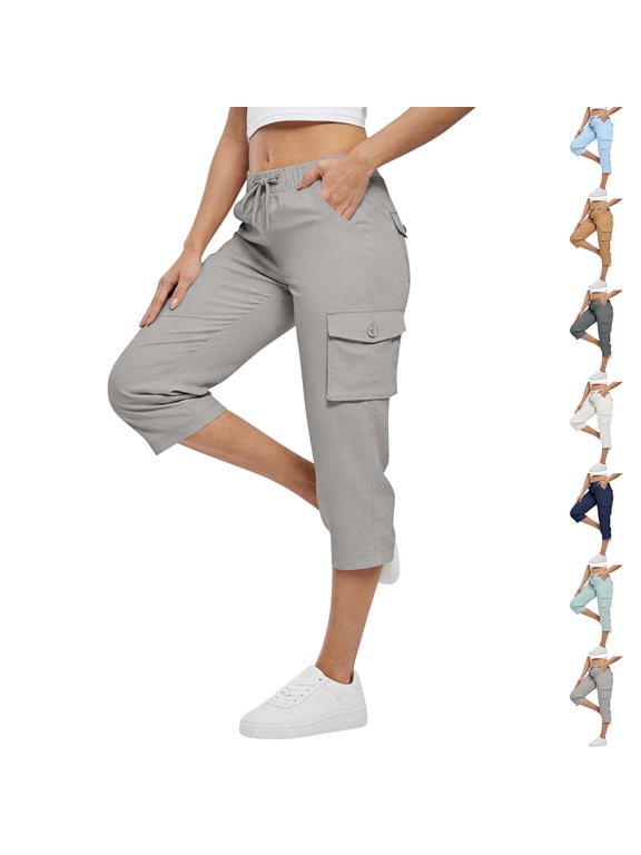 Capri Pants for Women Petite Pull On Drawstring Elastic Waist Cargo Capris Lightweight Hiking Pants with Multi Pockets Mint Green S