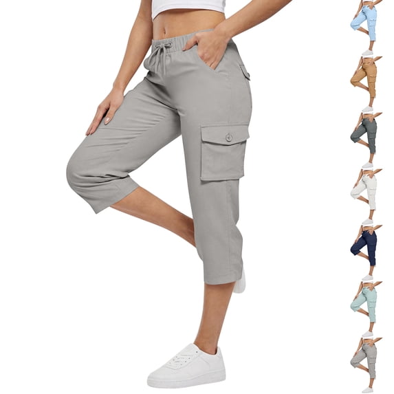 HKYNLAG Capri Pants for Women Petite Pull On Drawstring Elastic Waist Cargo Capris Lightweight Hiking Pants with Multi Pockets Sky Blue L