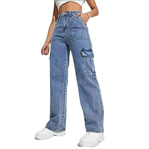 HKYNLAG Cargo Jean for Women High Waisted Straight Wide Leg Jean Casual Baggy Jeans with Multi Pockets Blue L