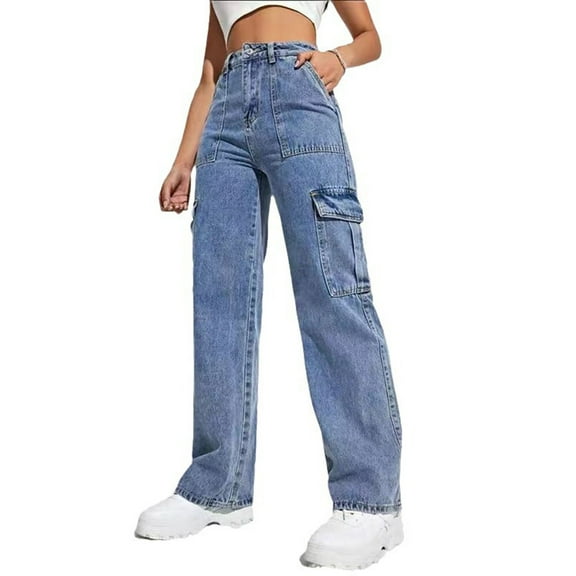 HKYNLAG Cargo Jean for Women High Waisted Straight Wide Leg Jean Casual Baggy Jeans with Multi Pockets Blue XL