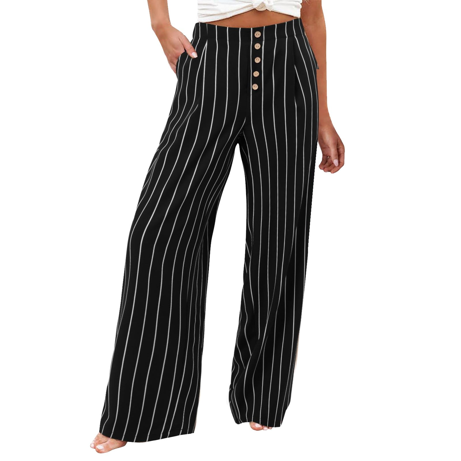 Womens Trousers Black And White Striped Flowy Pants Palazzo