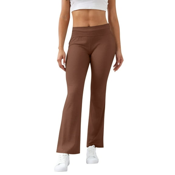 HKYNLAG Flare Leggings for Women Low Rise Fold Over Flared Yoga Pants Bootcut Leggings Ladies Comfy Workout Pants Brown XL