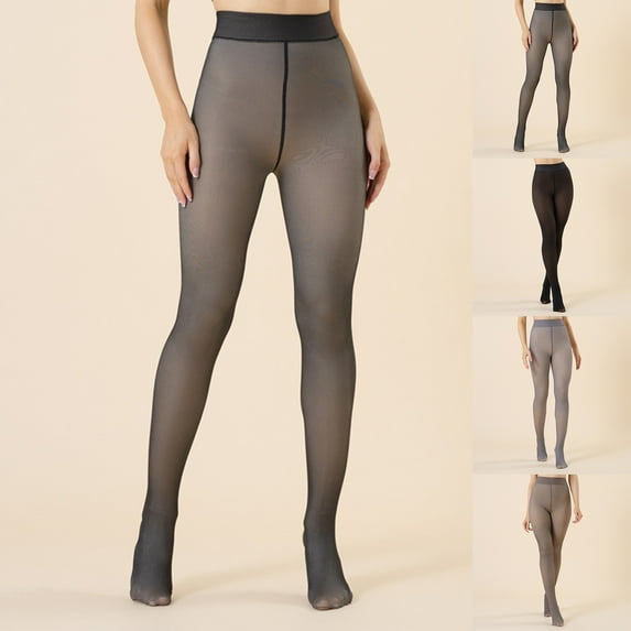 HKYNLAG Fleece Lined Tights for Women Thick Warm Pantyhose Fake Translucent Thick Thermal Sheer Footed Leggings Black M