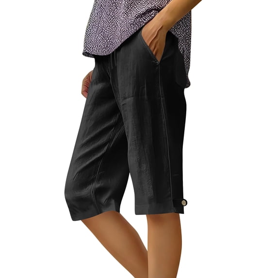 HKYNLAG Linen Bermuda Shorts for Women Knee Length Lightweight Capri Pants Summer High Waisted Cotton Shorts with Pockets Black L