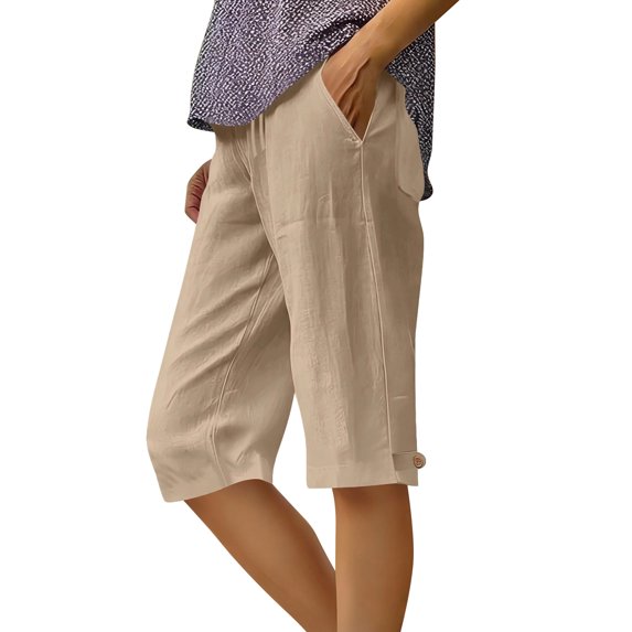 HKYNLAG Linen Bermuda Shorts for Women Knee Length Lightweight Capri Pants Summer High Waisted Cotton Shorts with Pockets Khaki XL