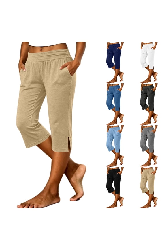 Linen Capris for Women Petite Knee Length Pull On Capris Pants Loose Fit Cotton Drawstring Straight Leg Casual Pants Khaki M