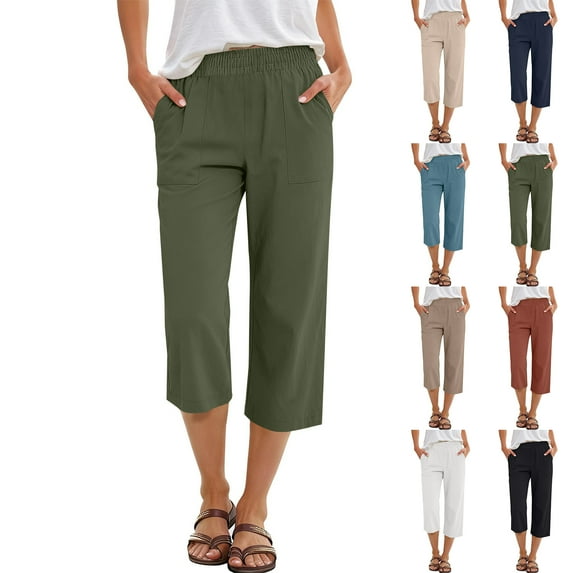 HKYNLAG Linen Pants Women Summer Fashion Plus Size Casual Solid Color Elastic Loose Capris Straight Wide Leg High Waisted Pants With Pocket Army Green 2XL