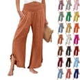 thumbnail image 1 of HKYNLAG Linen Pants for Women 2026 Flowy Smocked Waist Trousers Wide Leg Summer Ruffle Hem Pants Boho Beach Palazzo Pants with Pockets Light Blue M, 1 of 7