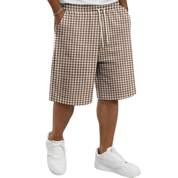 HKYNLAG Men's Casual Plaid Shorts Knee Length Elastic Waist Drawstring Bermuda Shorts Summer Beach Vacation Coffee 4XL