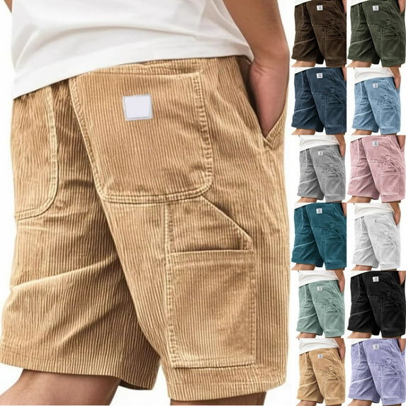 HKYNLAG Men's Corduroy Shorts Elastic Waist Drawstring Cargo Short Multi-Pocket Lightweight Summer Casual Beach Shorts Light Green 2XL