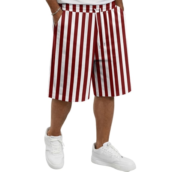 HKYNLAG Men's Summer Beach Shorts Elastic Waist Drawstring Striped Bermuda Shorts Casual Vacation Holiday Shorts with Pockets Wine 5XL