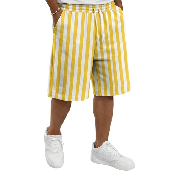 HKYNLAG Men's Summer Beach Shorts Elastic Waist Drawstring Striped Bermuda Shorts Casual Vacation Holiday Shorts with Pockets Yellow 3XL
