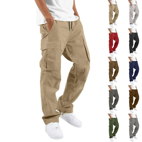 HKYNLAG Mens Cargo Pants Men's Solid Casual Outdoor Straight Pant Type Fitness Trousers with Multiple Pockets Khaki L