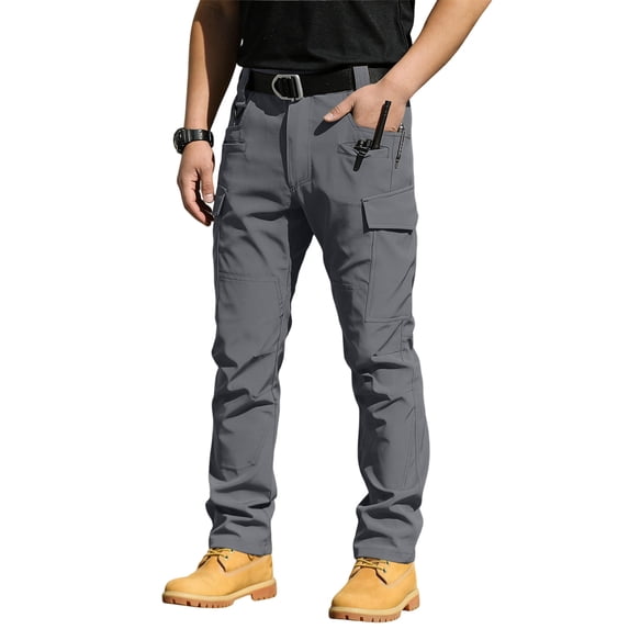 HKYNLAG Mens Cargo Pants Water Resistant Relaxed Fit Hiking Work Pants Multi Pockets Ripstop Flex Baggy Camo Tactical Pant (No Belt) Gray 2XL