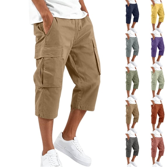 HKYNLAG Mens Cargo Shorts Below Knee Casual Elastic Waist Drawstring Work Capris Relaxed Fit Hiking Long Short Pants with Multi Pockets Light Green S