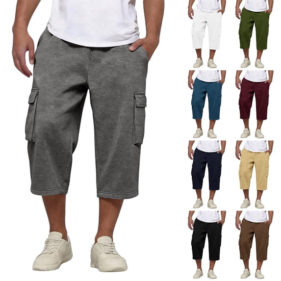 HKYNLAG Mens Cargo Shorts Cotton Drawstring Casual Capri Pants Summer Loose Outdoor Long Short Pants with Pockets Navy 2XL