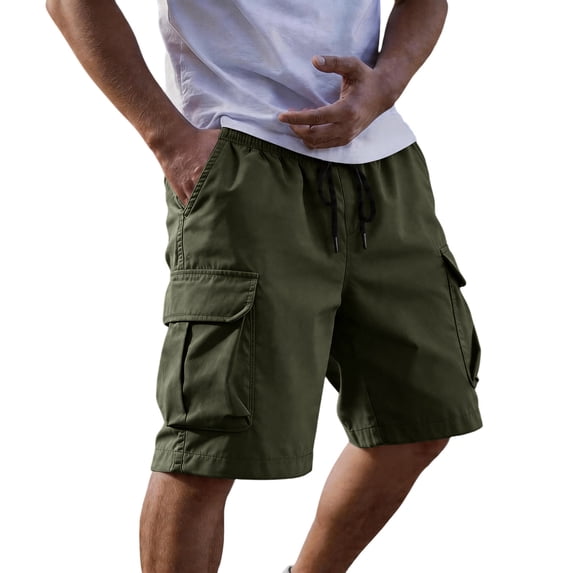 HKYNLAG Mens Cargo Shorts Elastic Waist Drawstring Casual Work Shorts Summer Hiking Outdoor Shorts with 4 Pockets Army Green M