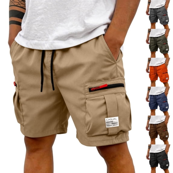 HKYNLAG Mens Cargo Shorts Knee Length Big and Tall Hiking Shorts Relaxed Fit Wide Leg Outdoor Carpenter Work Short with Zipper Pockets Khaki 2XL