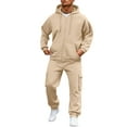 thumbnail image 1 of HKYNLAG Mens Hoodie Sweatsuit 2 Piece Solid Color Zipper Sweat Pullover Hoodies Joggers Athletic Pants Set Fleece Fall Suits with Pockets Beige L, 1 of 9