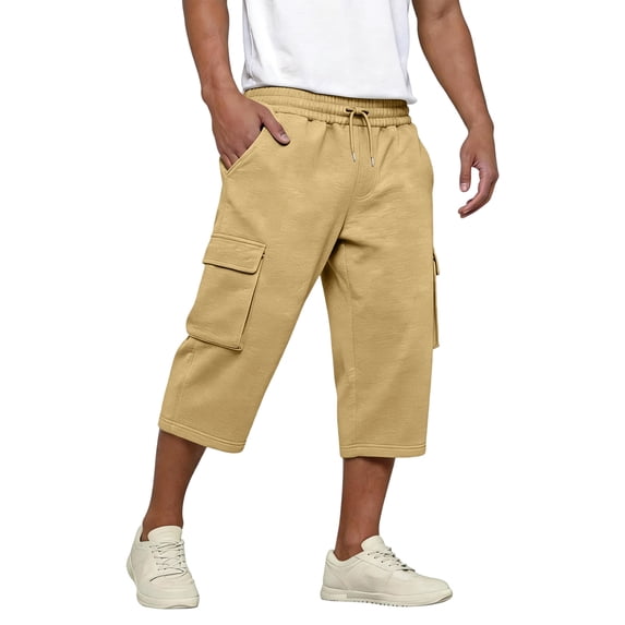 HKYNLAG Mens Long Cargo Shorts Drawstring Elastic Waist Capri Pants Below Knee Casual Short with Pockets Khaki L