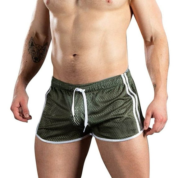 HKYNLAG Mens Mesh Workout Shorts Sexy Breathable Drawstring Side Stripe Running Shorts See Through Fitness Beach Shorts Green M