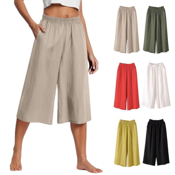 HKYNLAG Plus Size Capris for Women with Pockets Summer Cotton Linen Wide Leg Palazzo Capri Pull On Casual Flowy High Waist Capri Pants Red 2XL