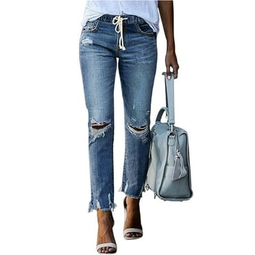 HKYNLAG Ripped Jeans Womens Drawstring Jeans High Waisted Raw Hem Boyfriend Pull On Denim Joggers Trousers Light Blue S
