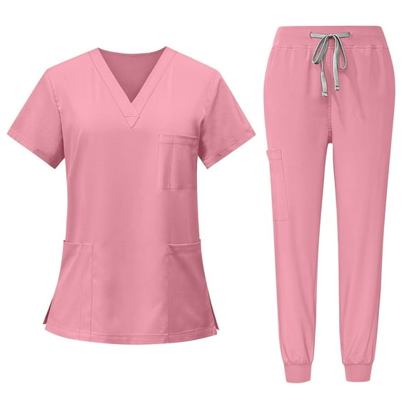 HKYNLAG Scrub Sets for Woman 2 Piece Solid Color V-Neck Short Sleeve Long Pants Nurse Uniform with Pockets Pink M