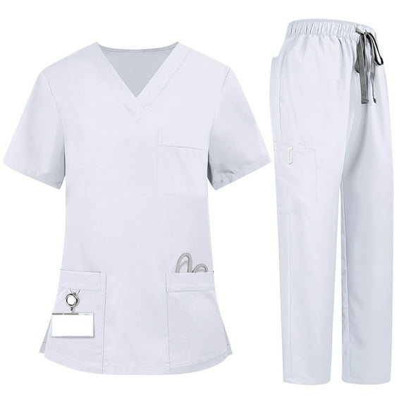 HKYNLAG Scrub Sets for Woman Solid Color V-Neck Short Sleeve Long Pants Nurse Uniform with Pock White M