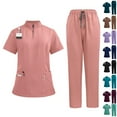 thumbnail image 1 of HKYNLAG Scrubs Set for Women Collared Short Sleeve Solid Color Nursing Uniforms with Pockets Light Purple S, 1 of 3
