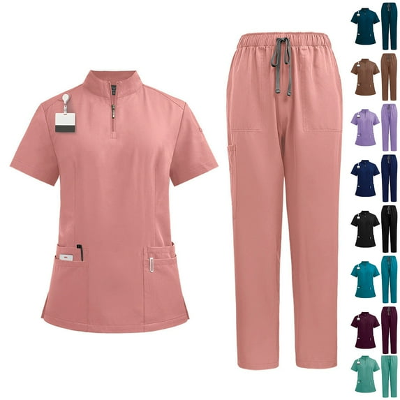 HKYNLAG Scrubs Set for Women Collared Short Sleeve Solid Color Nursing Uniforms with Pockets Mint Green L