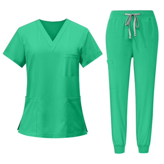 HKYNLAG Scrubs Set for Women Medical Uniform Stretch V-Neck Top & Straight Leg Pants with Pockets for Nurse Workwear Army Green 2XL