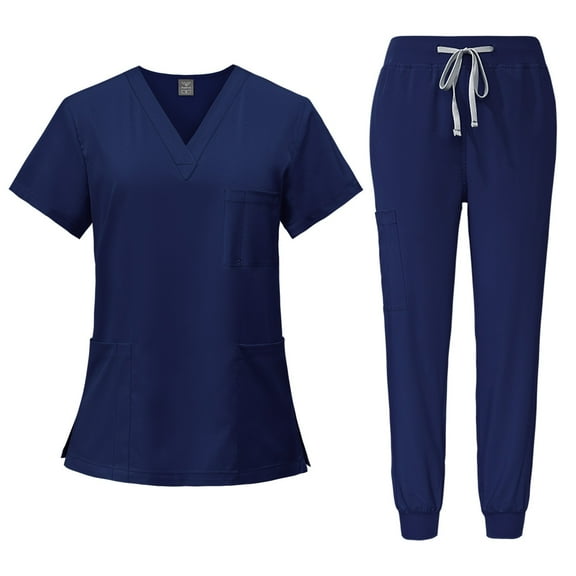 HKYNLAG Scrubs Set for Women Medical Uniform Stretch V-Neck Top & Straight Leg Pants with Pockets for Nurse Workwear Navy XL