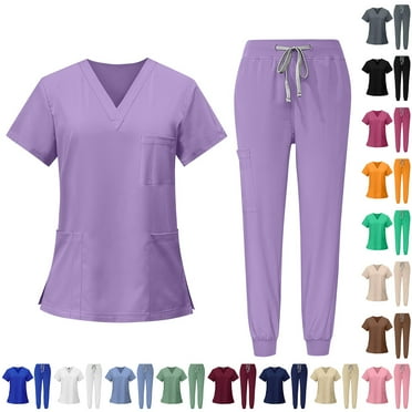 HKYNLAG Scrubs Sets for Women 2 Piece Nurse Working Uniforms Casual Comfy Solid V-Neck Caregiver Top and Drawstring Waist Pants with Pockets Khaki 2XL