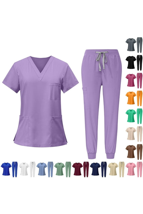 Scrubs Sets for Women 2 Piece Nurse Working Uniforms Casual Comfy Solid V-Neck Caregiver Top and Drawstring Waist Pants with Pockets Light Blue L