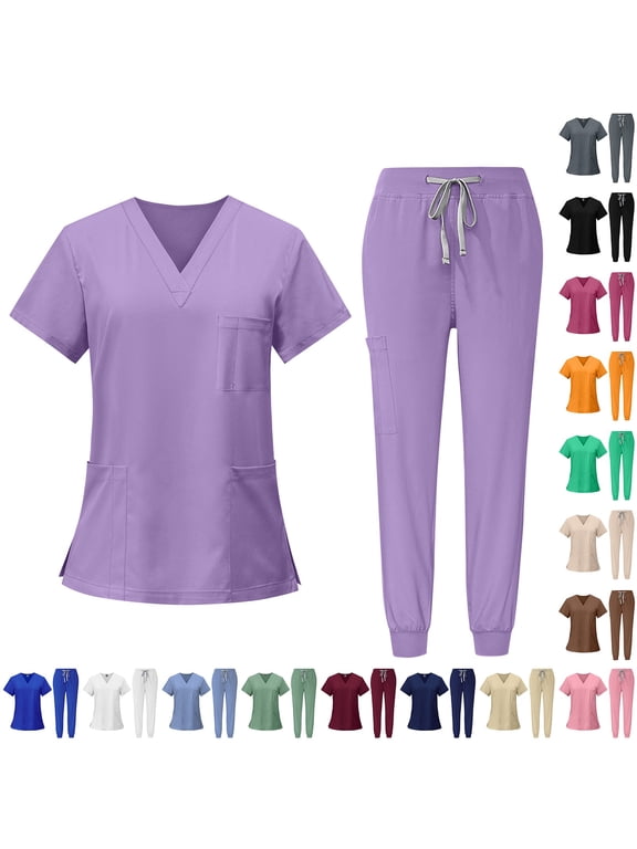Scrubs for Women Set Solid Color V-Neck Short Sleeve Nurse Uniform Pants with Pocket Gray 2XL