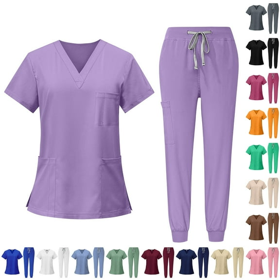 HKYNLAG Scrubs for Women Set V-Neck Pocket Top & Drawstring Jogger Scrub Pants Stretch Nursing Scrubs Set Uniform Army Green 2XL