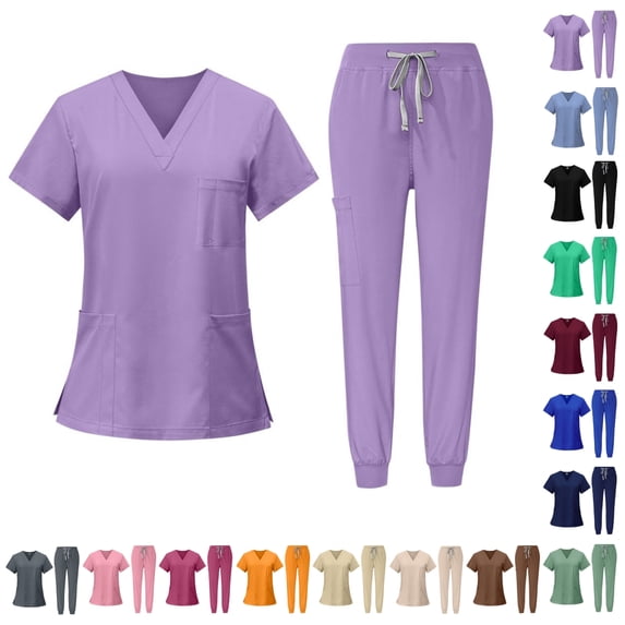 HKYNLAG Scrubs for Women Set V-Neck Pocket Top & Drawstring Jogger Scrub Pants Stretch Nursing Scrubs Set Uniform Pink 2XL
