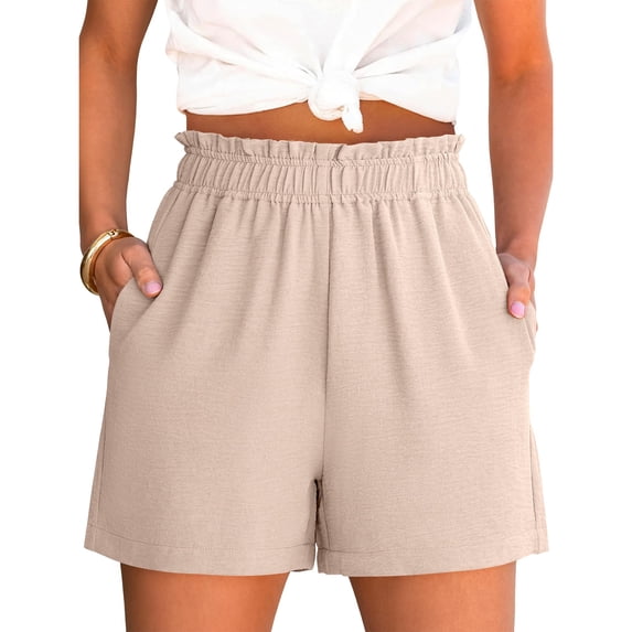 HKYNLAG Shorts for Women Dressy Casual Elastic High Waisted Ruffle Comfy Lightweight Summer Shorts for Beach Vacation Khaki M