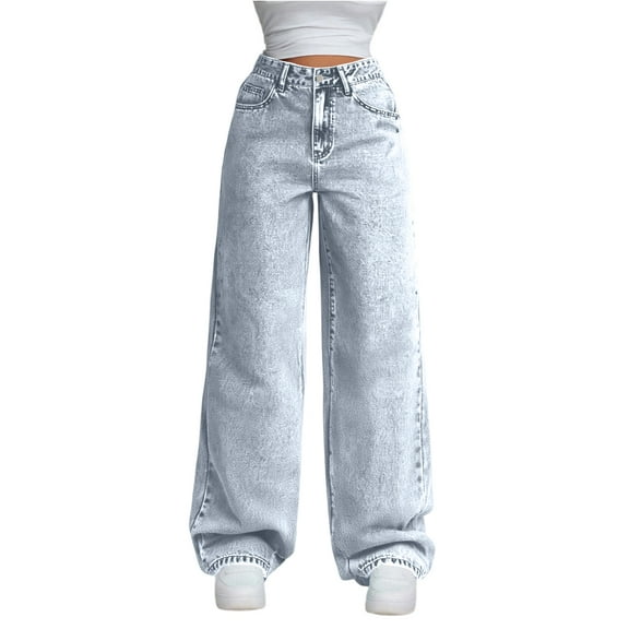 HKYNLAG Straight Leg Jeans for Women High Waisted Wide Leg Loose Stretchy Boyfriend Denim Pants Baggy Jeans for Women Light Blue S
