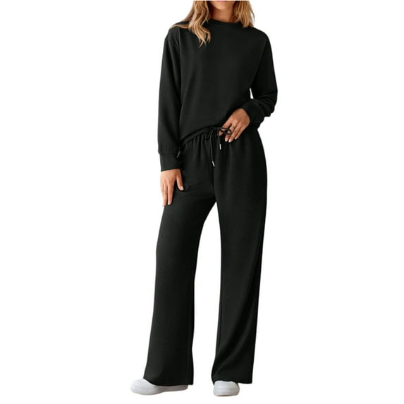 HKYNLAG Sweatsuit Sets for Women 2 Piece Long Sleeve Sweatshirt Top and Wide Leg Pants Fall Activewear Lounge Sets Running Workout Sets Matching Tracksuit Black L