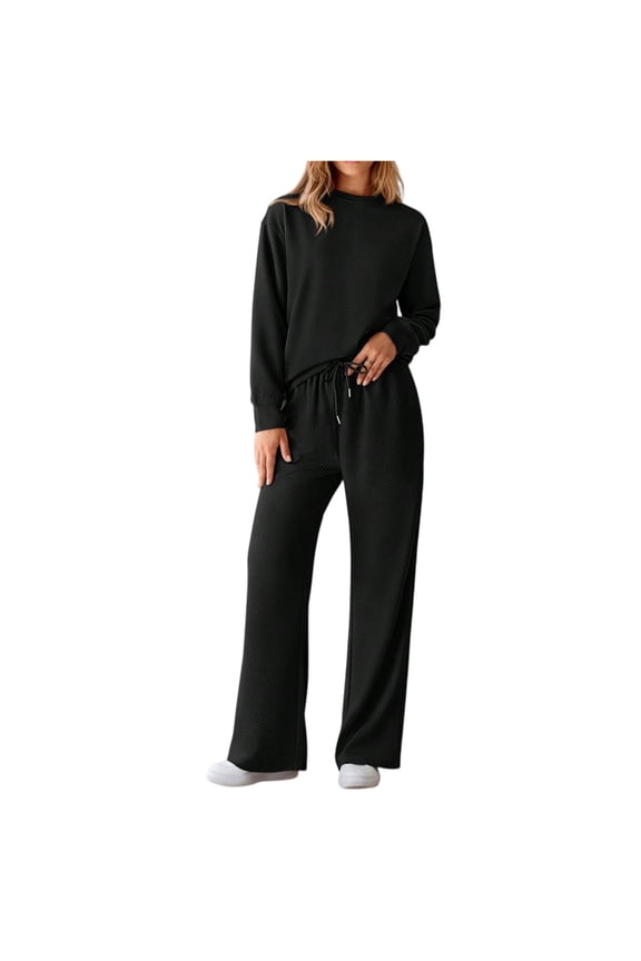 Sweatsuit Sets for Women 2 Piece Long Sleeve Sweatshirt Top and Wide Leg Pants Fall Activewear Lounge Sets Running Workout Sets Matching Tracksuit Black XL