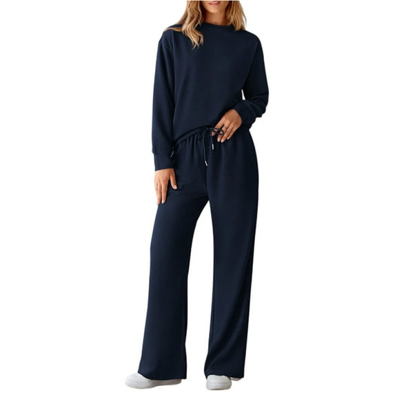 HKYNLAG Sweatsuit Sets for Women 2 Piece Long Sleeve Sweatshirt Top and Wide Leg Pants Fall Activewear Lounge Sets Running Workout Sets Matching Tracksuit Navy XL