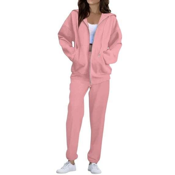 HKYNLAG Sweatsuits Women 2 Piece Outfit Cozy Oversized Zip Up Hoodie Jogger Sweatpants Set Lounge Matching Sweat Sets Pink L