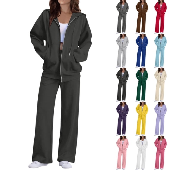 HKYNLAG Sweatsuits Women 2 Piece Outfit Zip Up Hoodie and Sweatpants Set Fall Long Sleeve Tracksuit and Wide Leg Sweatpants Red S