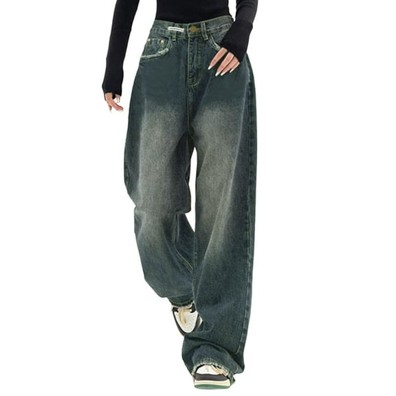 HKYNLAG Vintage Jeans for Women Y2K Baggy Jeans High Waist Boyfriend Pants Wide Leg Denim Pants Hiphop Streetwear Teen Girls Dark Blue L
