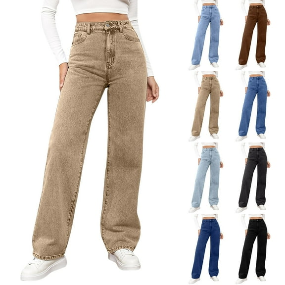 HKYNLAG Wide Leg Jeans for Women 2025 Blue Baggy High Waisted Casual Trendy Jeans Ladies Trousers Khaki XL